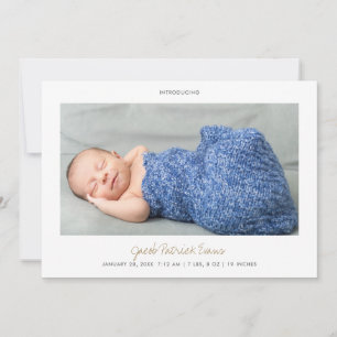 Simple Modern Gold Script Photo Boy or Girl Birth Announcement