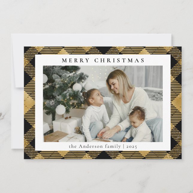 Simple Modern Gold Tartan Plaid | Photo Christmas Holiday Card (Front)