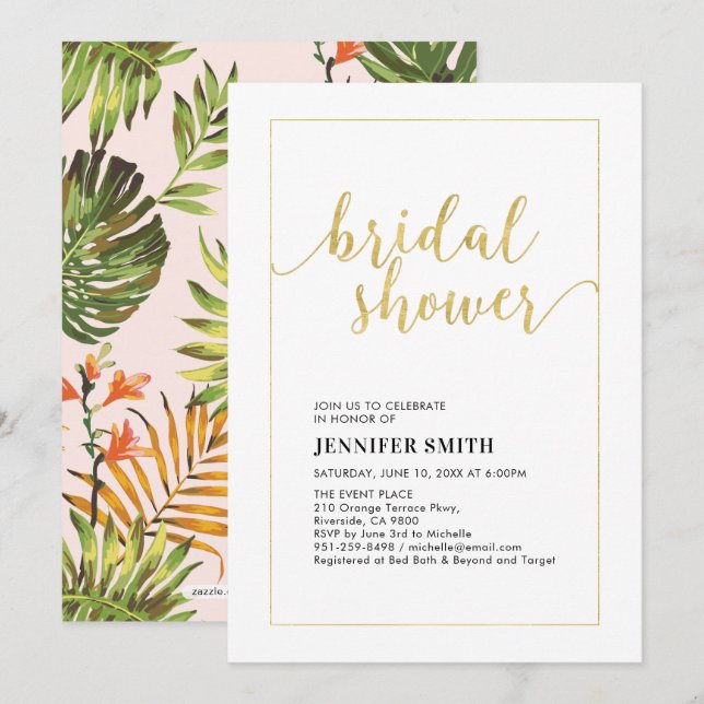 Simple Modern Gold Tropical Wedding Bridal Shower Invitation (Front/Back)