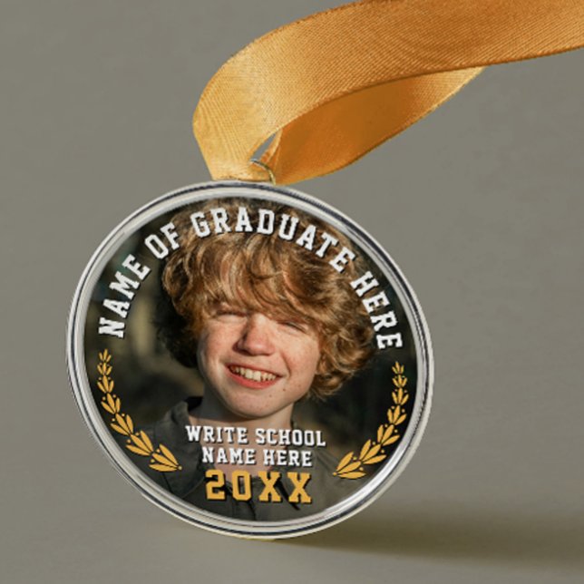 Simple Modern Gold Yellow School Grad Photo Medal  Metal Tree Decoration (Creator Uploaded)