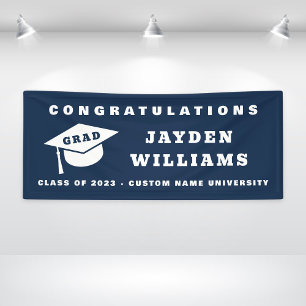 Simple Modern Grad Cap Navy Blue Graduation Party Banner