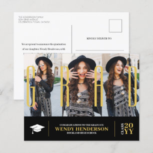 Simple Modern Graduate Black 3 Photo Announcement Postcard