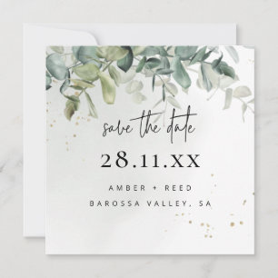 Simple Modern Green & Gold Greenery Square Save The Date
