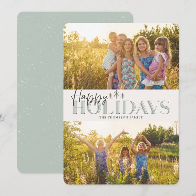 Simple Modern Green Happy Holidays Two Pictures Holiday Card (Front/Back)