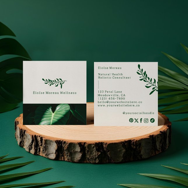 Simple Modern Green Leaf Botanical Spa Wellness  Square Business Card (Simple Modern Green Leaf Botanical Spa Wellness Square Business Card)