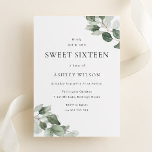 Simple Modern Green Leaf Sweet 16 Birthday Invitation