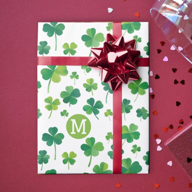 Simple Modern Green Luck Shamrock Patrick Monogram Wrapping Paper (Creator Uploaded)