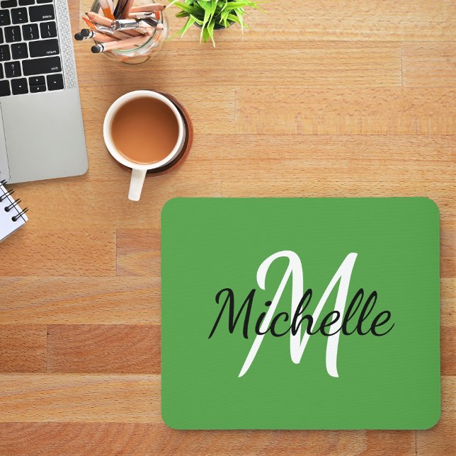 Simple Modern Green Monogram Initial + Name Mouse Mat (Creator Uploaded)