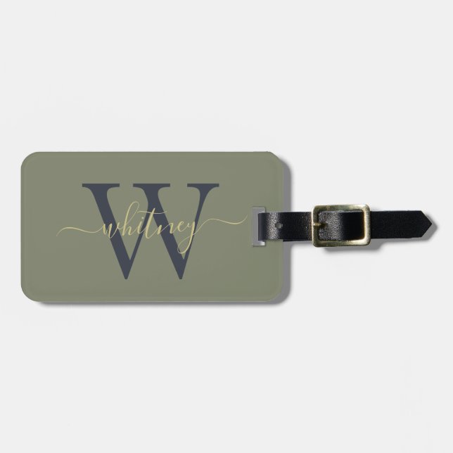 Simple Modern Green Monogram Name Luggage Tag (Front Horizontal)
