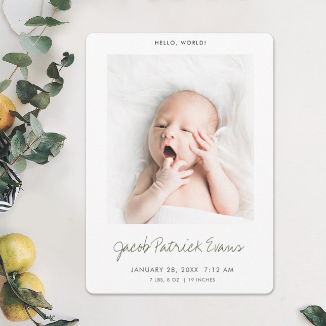 Simple Modern Green Script Boy or Girl Birth Announcement (Creator Uploaded)