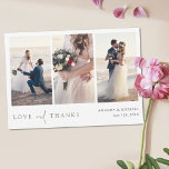 Simple Modern Green Script Photo Collage Wedding Thank You Card<br><div class="desc">This simply chic three photo collage wedding thank you card template features an elegant, minimalist, modern design. The front features your first names and date under your favourite photo and a 'LOVE and THANKS' message conveyed with a striking blend of two distinct fonts, with 'and' in a light, flowing script...</div>