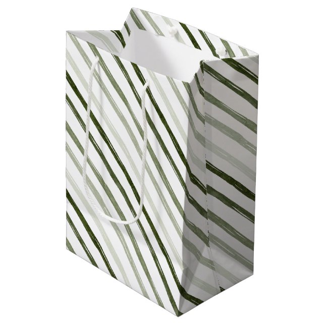 Simple Modern Green Stripe Watercolor Christmas Medium Gift Bag (Front Angled)