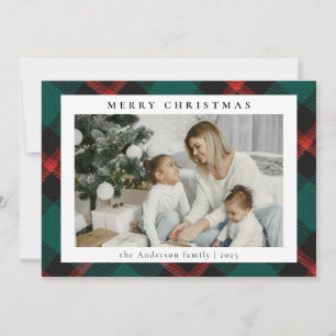 Simple Modern Green Tartan Plaid Photo Christmas Holiday Card