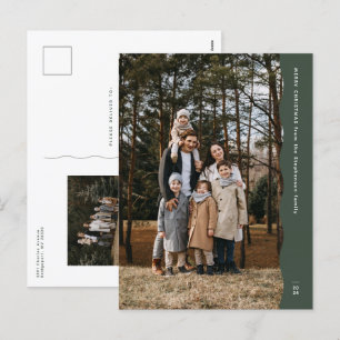 Simple modern green two-photo wavy edge Christmas Holiday Postcard