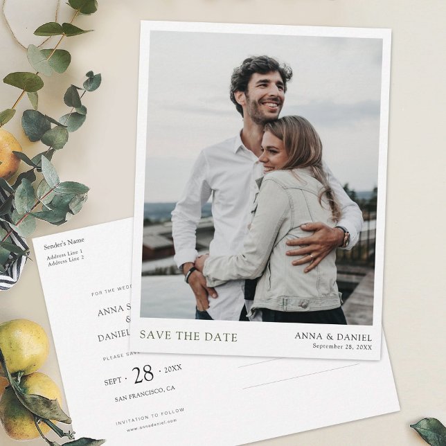 Simple Modern Green Typography Photo Save the Date Announcement Postcard (Creator Uploaded)