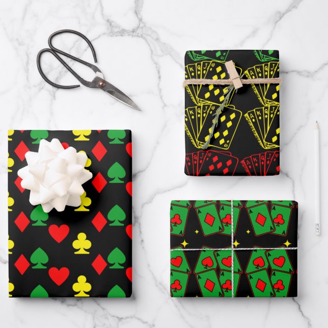 Simple Modern Green Yellow Red Playing Cards Wrapping Paper Sheet (Front)