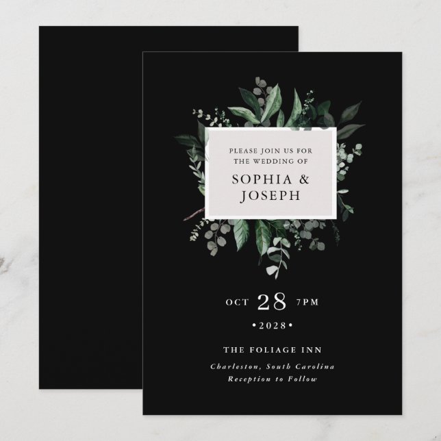 Simple Modern Greenery Black | Wedding Invitation (Front/Back)