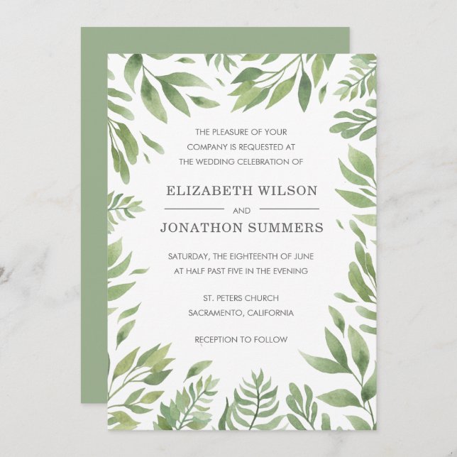 Simple Modern Greenery Elegant Rustic Wedding Invitation (Front/Back)