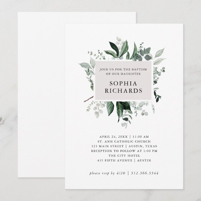 Simple Modern Greenery | Gender Neutral Baptism Invitation (Front/Back)