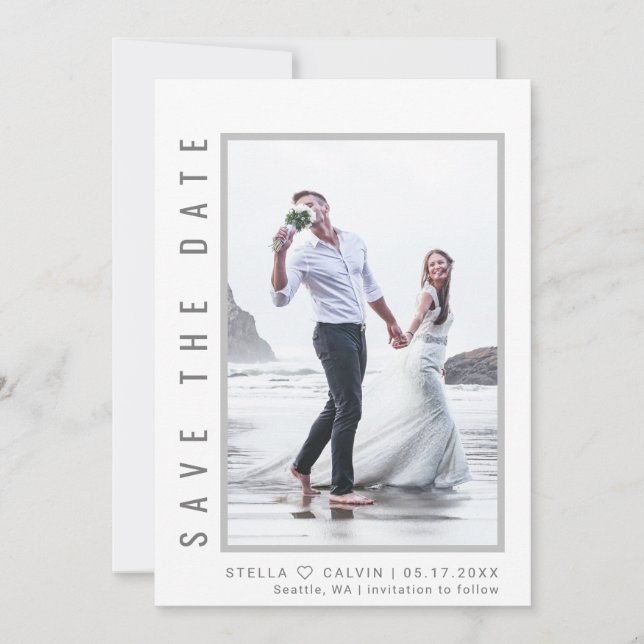 Simple & Modern Grey Script Photo Wedding Save The Date (Front)