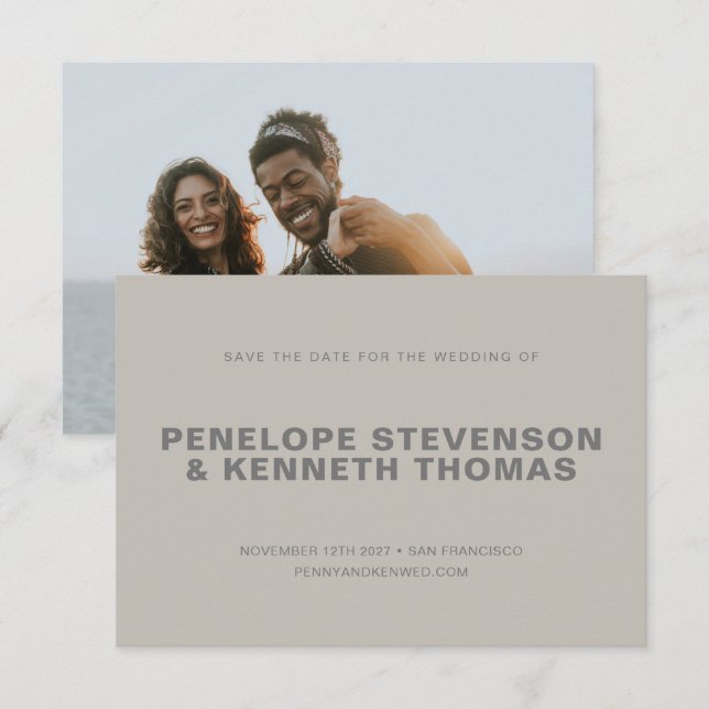 Simple Modern Grey Taupe Neutral Photo Wedding Save The Date (Front/Back)
