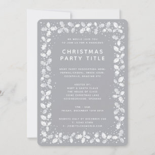 Simple Modern Grey + White Holly Christmas Party Invitation