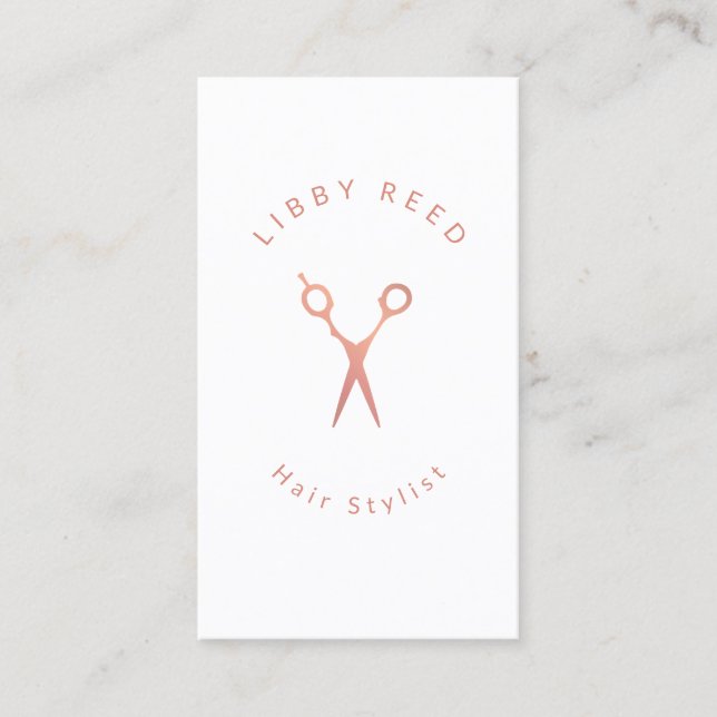 Simple Modern Hairdresser Rose Gold Scissors White Business Card (Front)