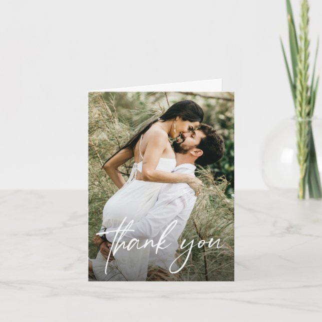 Simple Modern Handlettering Custom Wedding Photo Thank You Card (Front)