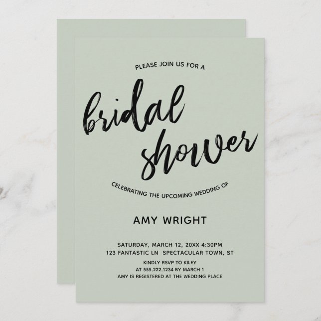 Simple, Modern Handwriting Bridal Shower in Sage Invitation (Front/Back)