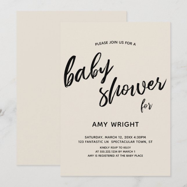 Simple, Modern Handwriting Cream Baby Shower Invitation (Front/Back)