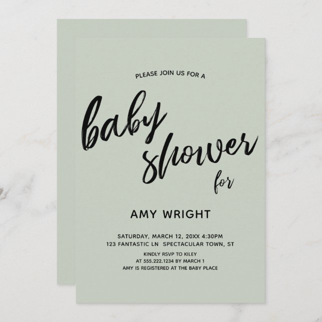 Simple, Modern Handwriting Sage Green Baby Shower Invitation (Front/Back)