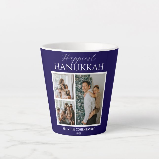 Simple Modern Happiest Hanukkah Elegant 3 Photo Latte Mug (Front)