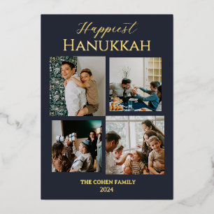 Simple Modern Happiest Hanukkah Elegant 4 Photo Foil Holiday Card