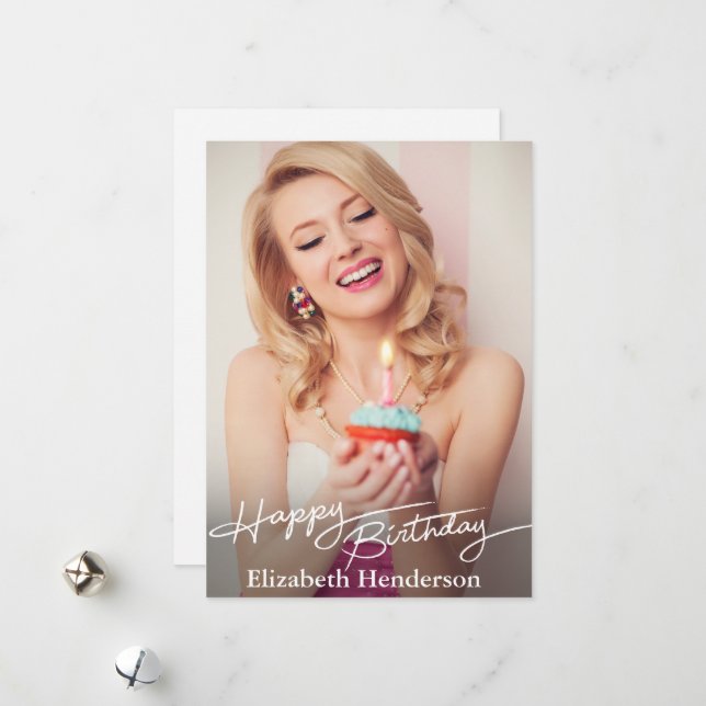 Simple Modern Happy Birthday Photo Holiday Card (Front/Back In Situ)
