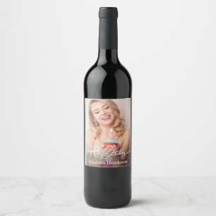 Simple Modern Happy Birthday Photo Wine Label