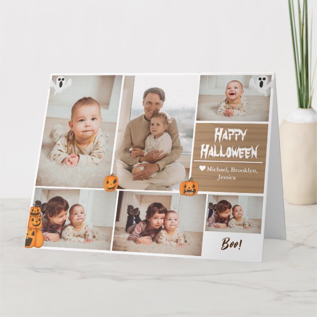 Simple Modern Happy Halloween photo family collage Card (Front)