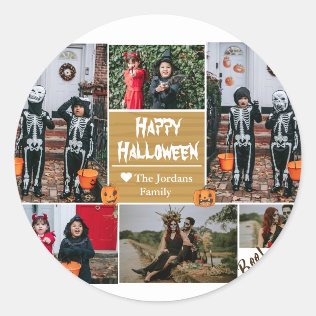 Simple Modern Happy Halloween photo family collage Classic Round Sticker (Front)