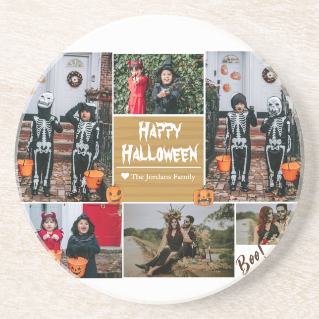 Simple Modern Happy Halloween photo family collage Coaster (Front)