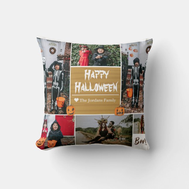 Simple Modern Happy Halloween photo family collage Cushion (Front)