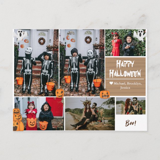 Simple Modern Happy Halloween photo family collage Holiday Postcard (Front)