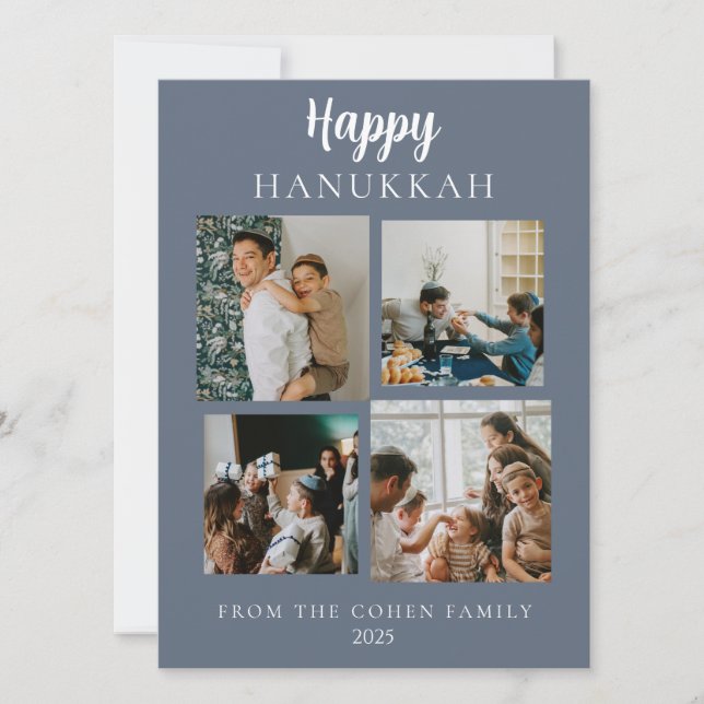 Simple Modern Happy Hanukkah Elegant 4 Photo Holiday Card (Front)