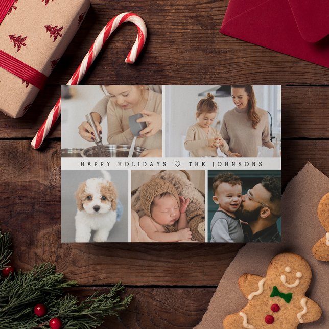 Simple Modern Happy Holidays Family Photo Collage Holiday Card (Happy holidays family photo collage modern christmas card)
