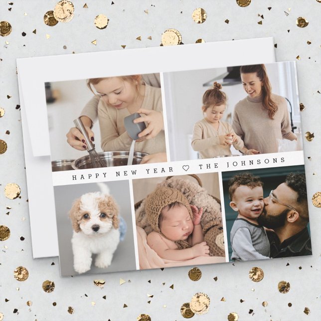 Simple Modern Happy New Year Family Photo Collage Holiday Card (Modern Happy New Year photo grid family memories.)