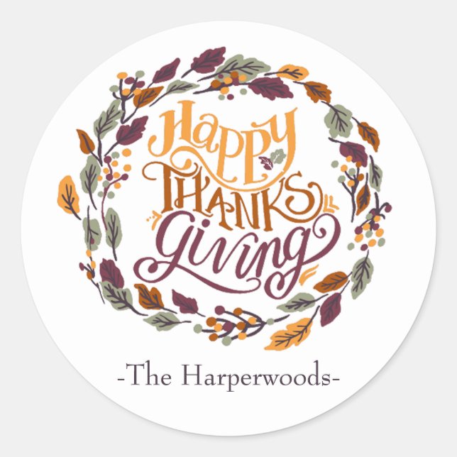 Simple Modern Happy thanksgiving family Classic Round Sticker (Front)