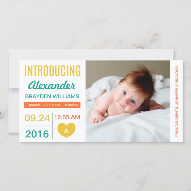Simple Modern Heart Birth Announcement / Gold Aqua (Front)