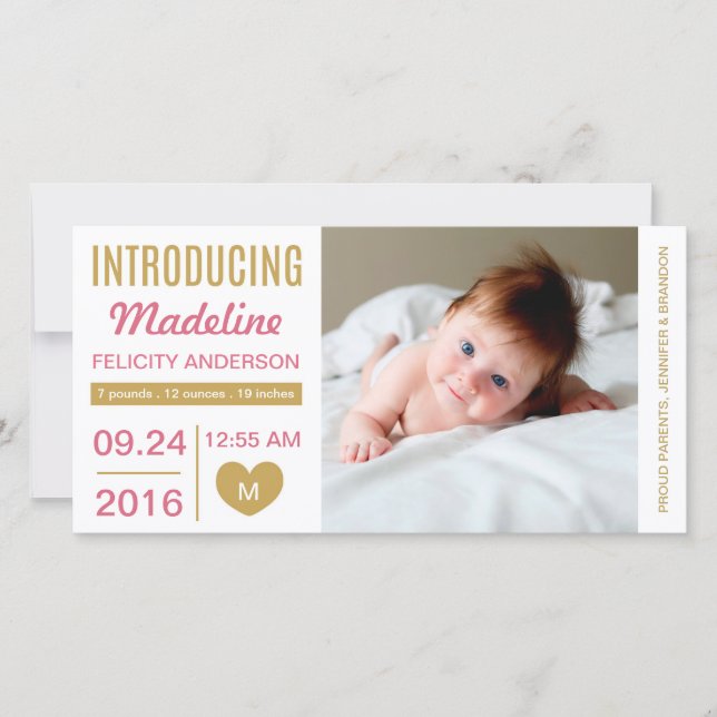 Simple Modern Heart Birth Announcement / Gold Pink (Front)