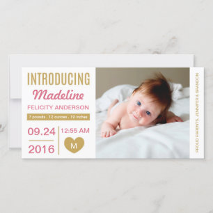 Simple Modern Heart Birth Announcement / Gold Pink