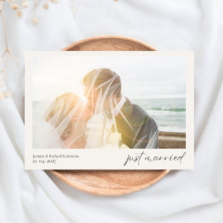 Simple Modern Heart Just Married Wedding Photo Thank You Card