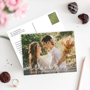 Simple Modern Heart Script Wedding Photo Thank You Postcard