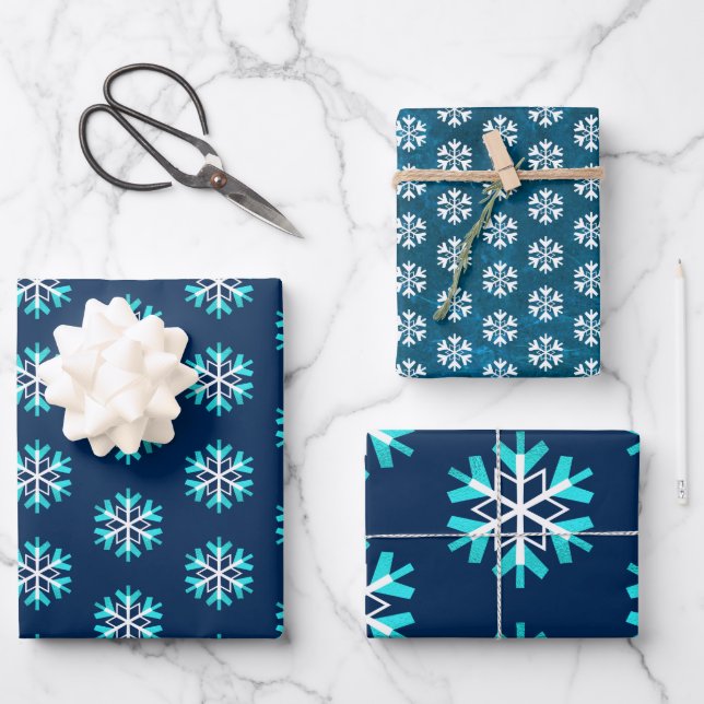 Simple modern holiday turquoise white snowflake wrapping paper sheet (Front)